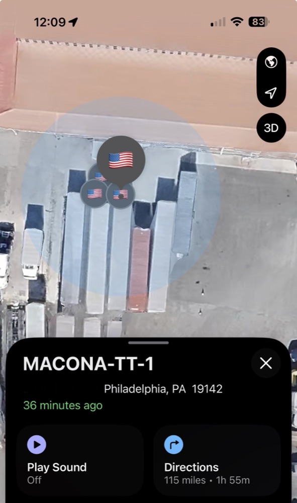 Close-up of four trackers attached to MACONA donation bags, each with American flag indicators.