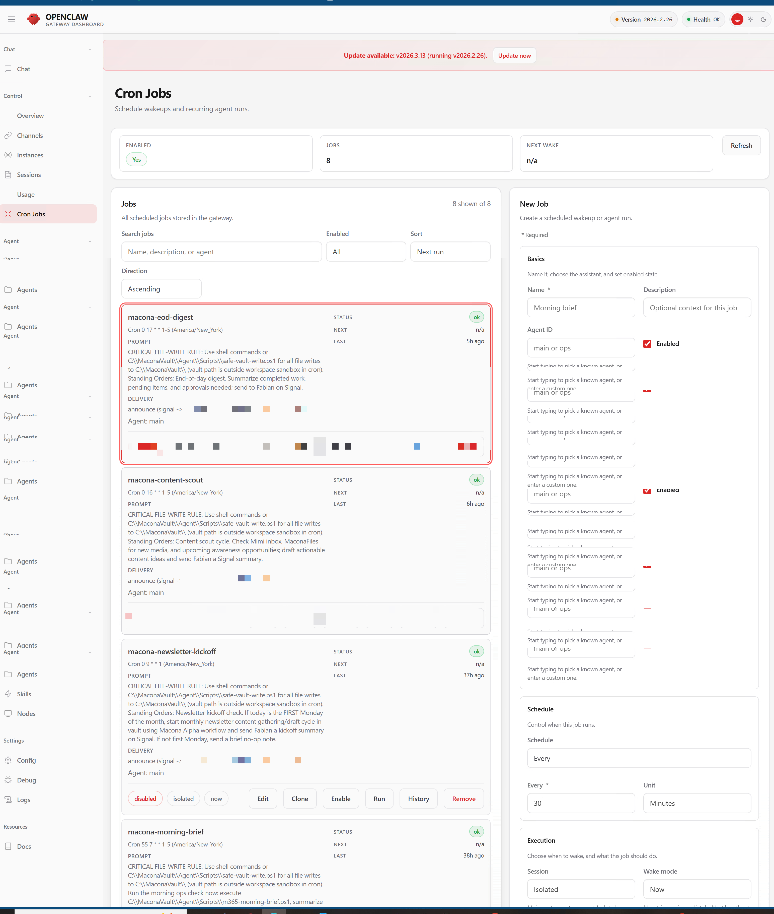 Eight scheduled cron jobs powering MACONA's daily automated workflows including morning briefing, content, and outreach