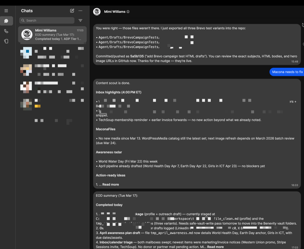 Signal encrypted messaging conversation showing MACONA's AI assistant delivering a morning briefing to the CEO