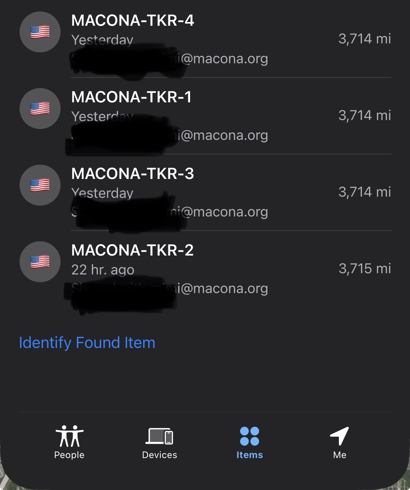 All 4 trackers reported 3,714 miles from origin, mid-Atlantic