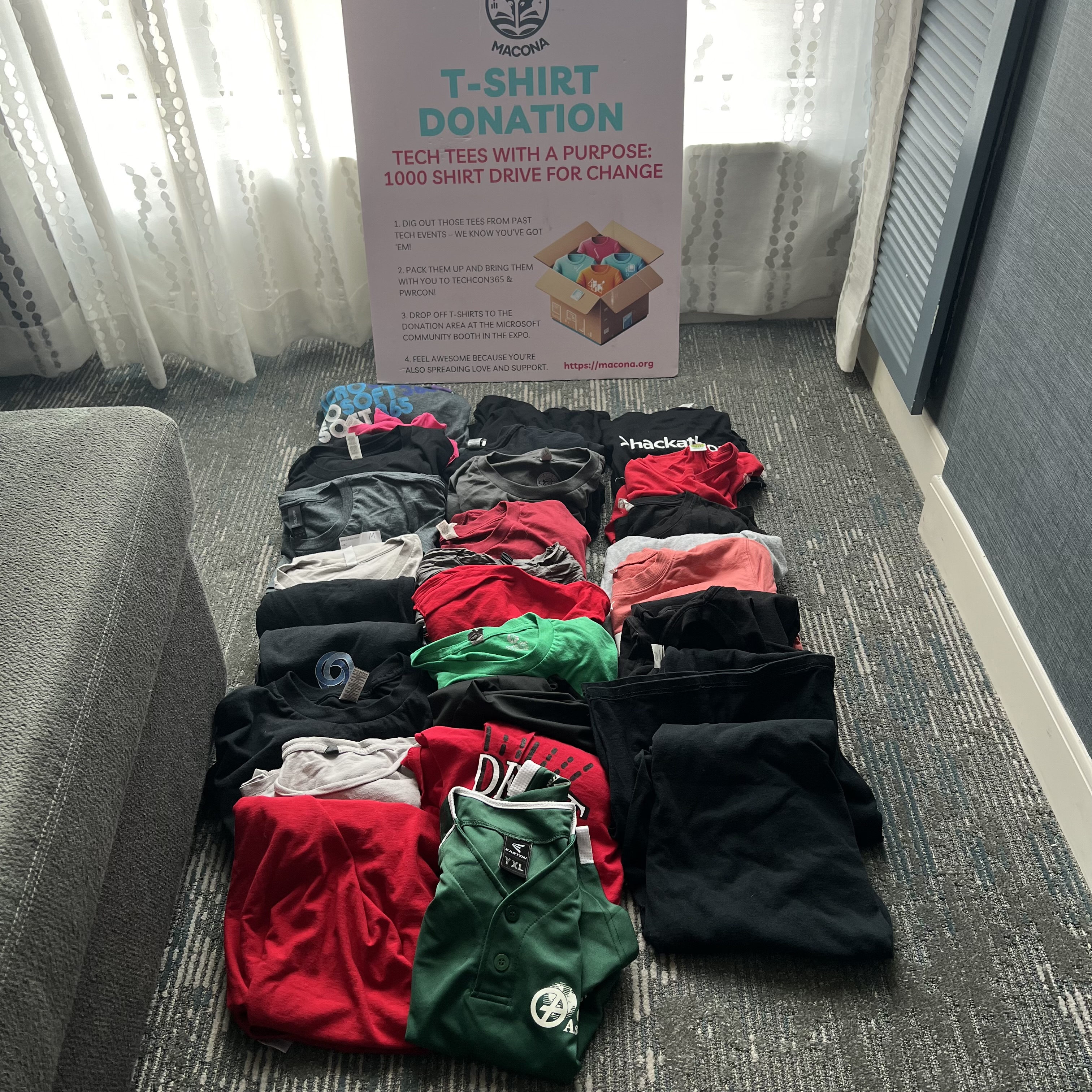 Clothes collected at TechCon DC displayed on hotel floor
