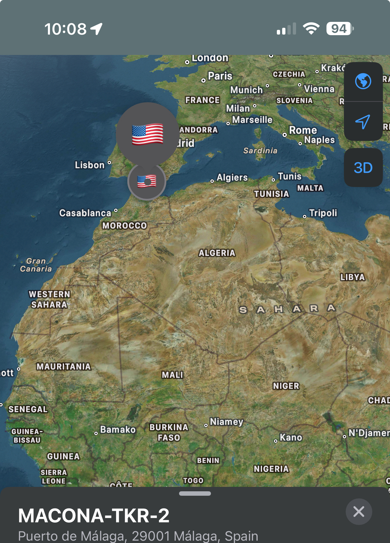 Wide map showing all trackers in Spain, route to Africa visible