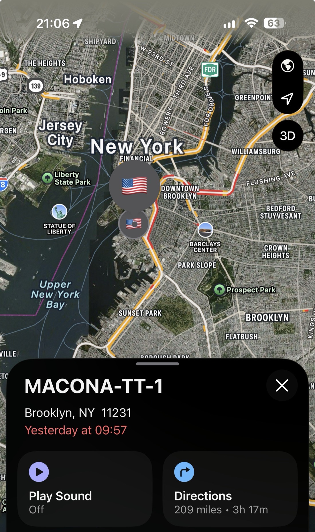 Wide Find My map showing MACONA-TT-1 near New York Harbor and Brooklyn
