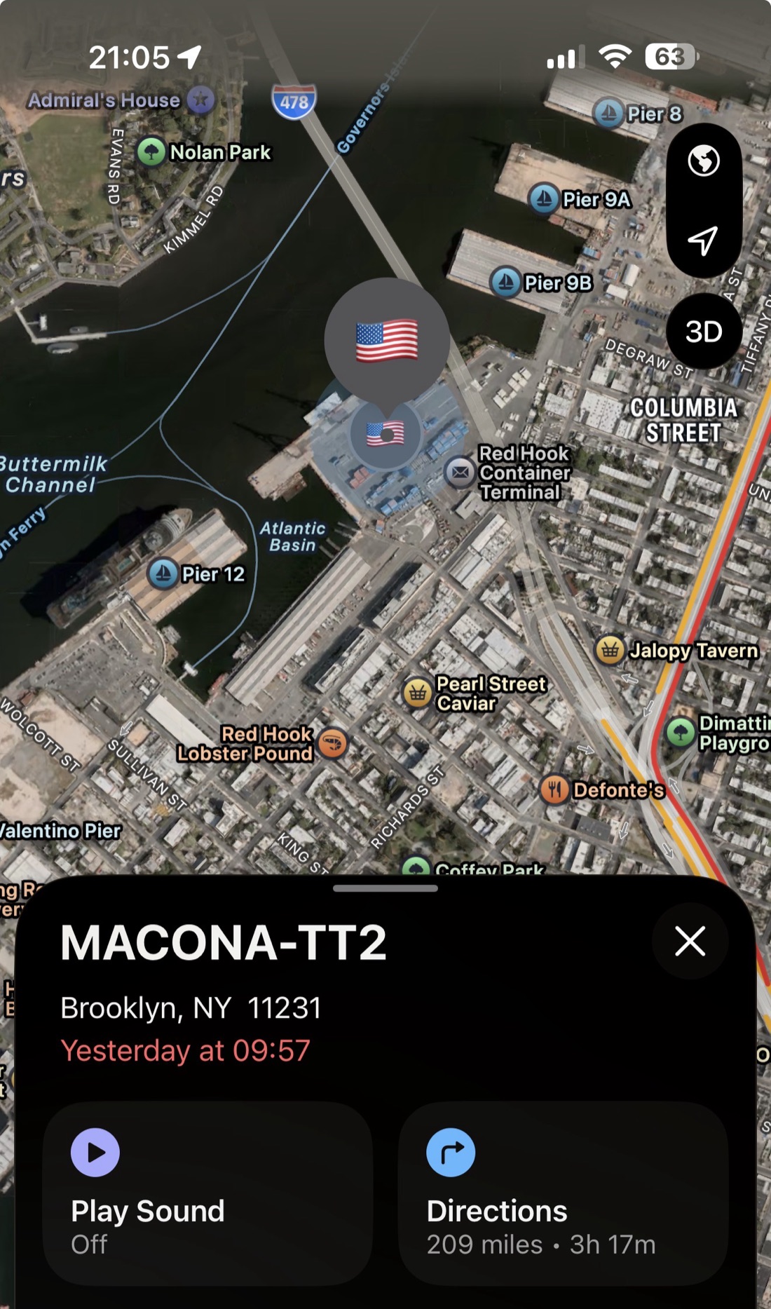 Find My map showing MACONA-TT2 pinging at Red Hook Container Terminal in Brooklyn
