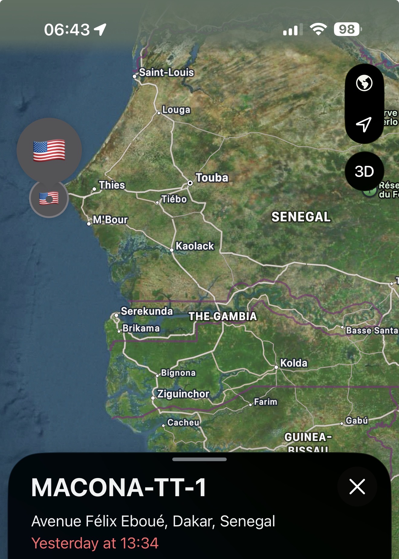 Wide Find My map placing the MACONA trackers in Dakar, Senegal on the West African coast