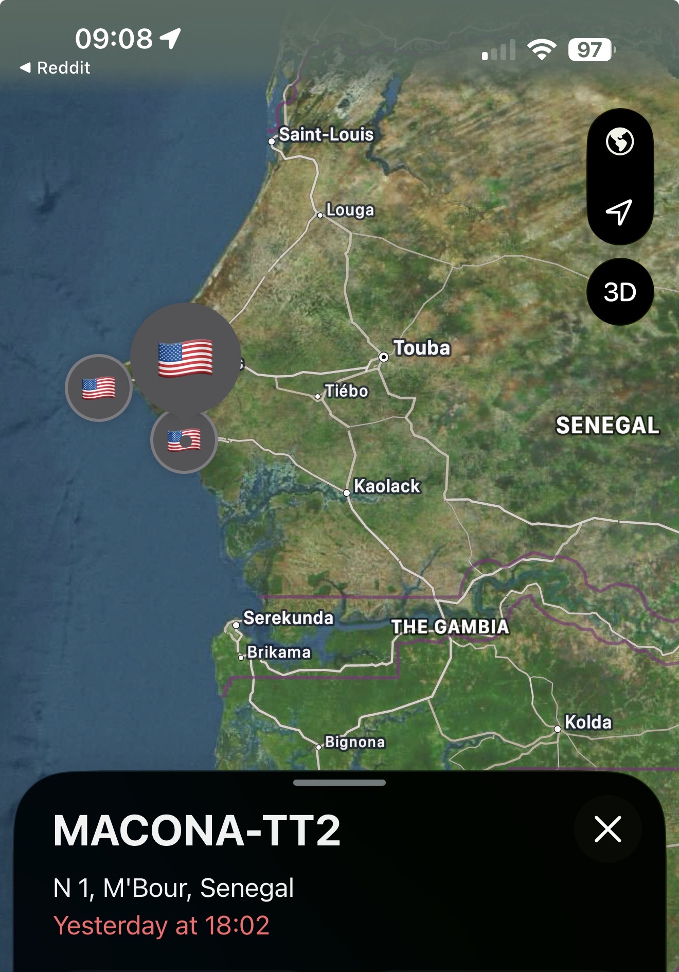 Find My map showing three MACONA trackers reporting on the coast of Senegal near M'Bour