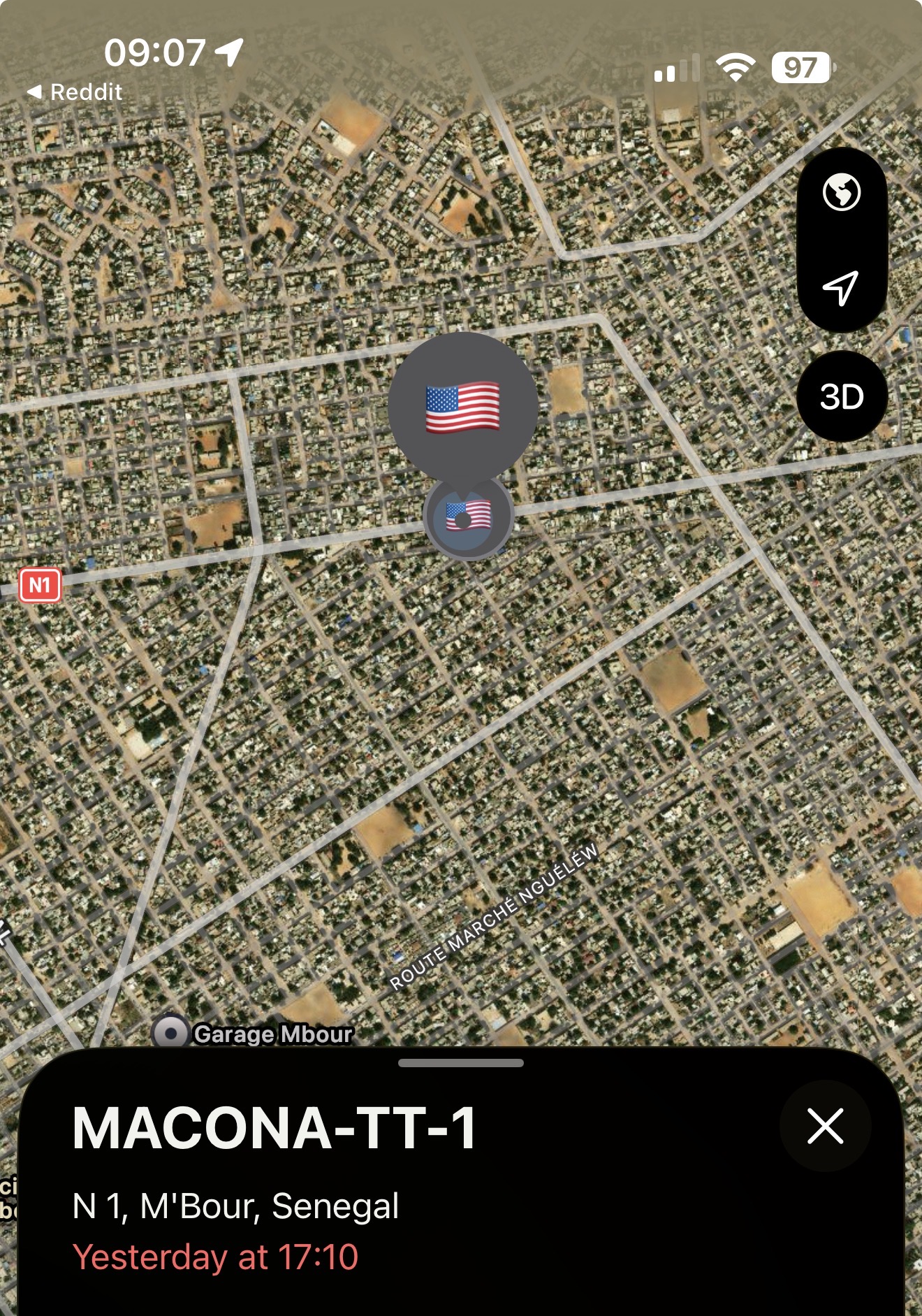 Find My map showing MACONA-TT-1 on the N1 highway at M'Bour, Senegal