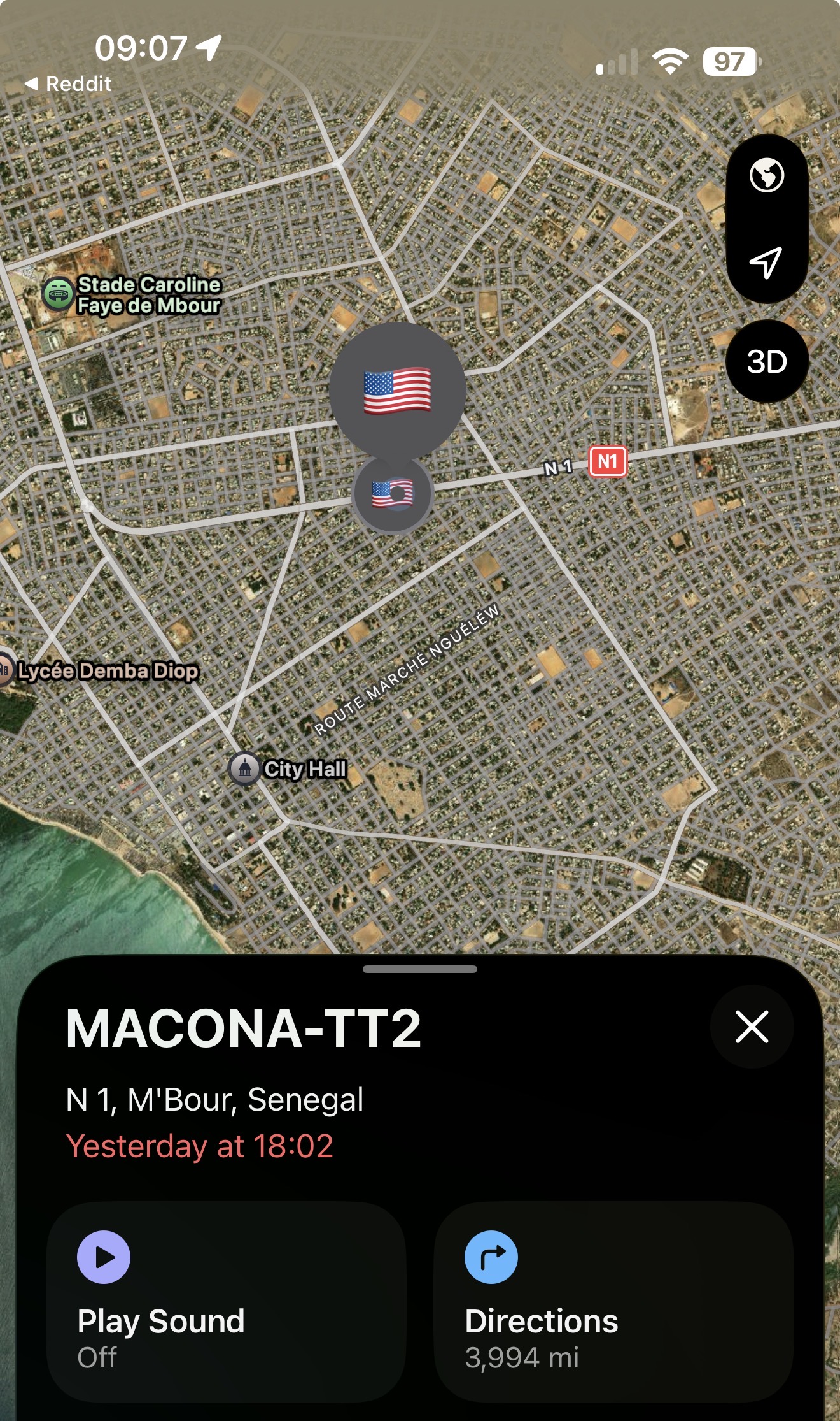 Find My map showing MACONA-TT2 on the N1 highway at M'Bour, Senegal