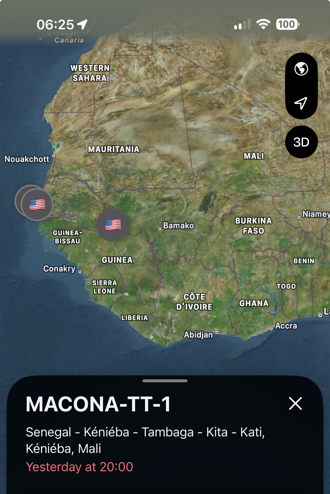 Find My map showing MACONA-TT-1 on the road through Mali toward Bamako, routed via Kenieba, Tambaga, Kita, and Kati