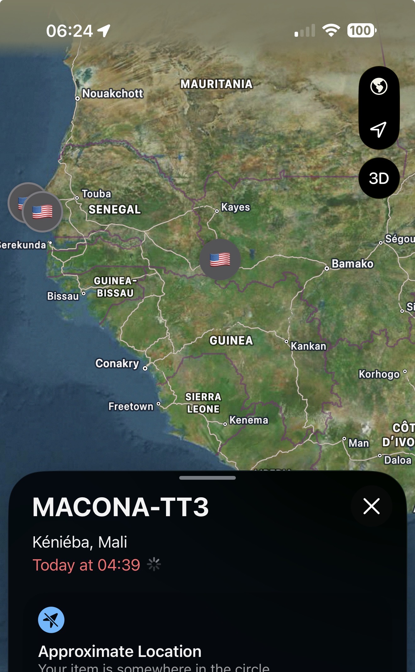 Find My map showing a MACONA tracker reporting at Kenieba in western Mali