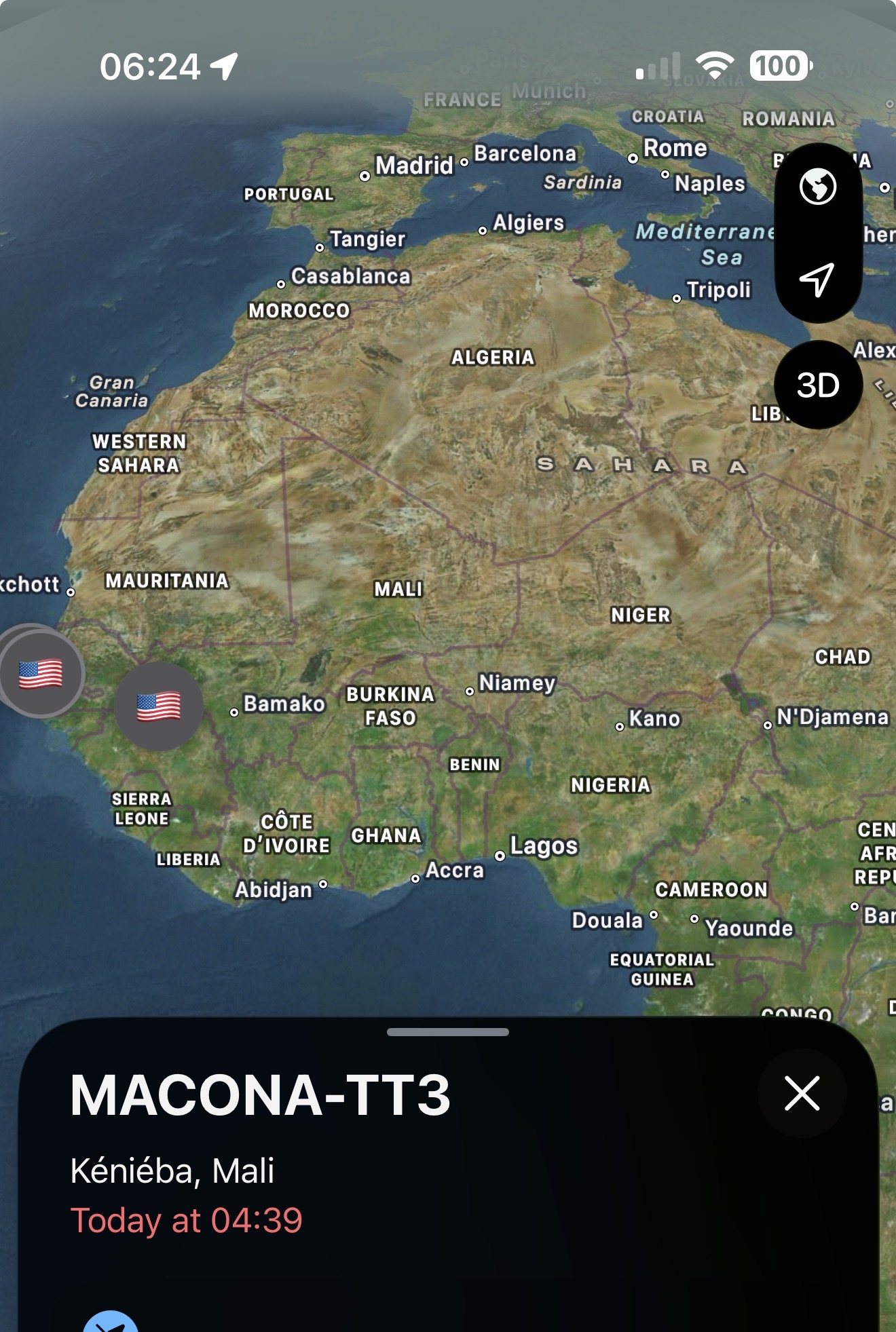 Wide Find My map placing the MACONA trackers inside Mali in West Africa