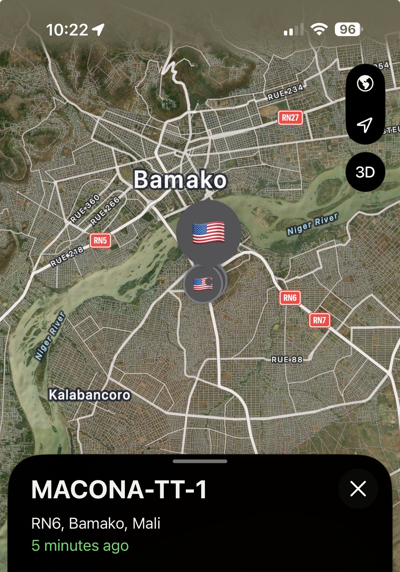 Find My map showing a MACONA tracker reporting on RN6 in Bamako, Mali