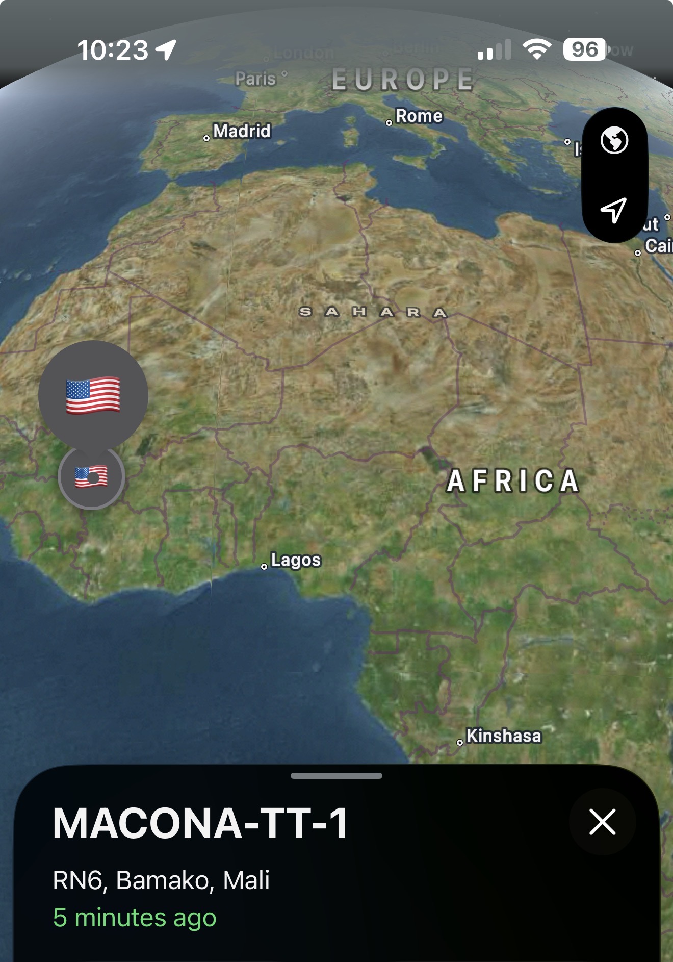 Wide Find My map placing the MACONA trackers in Bamako, Mali, in West Africa