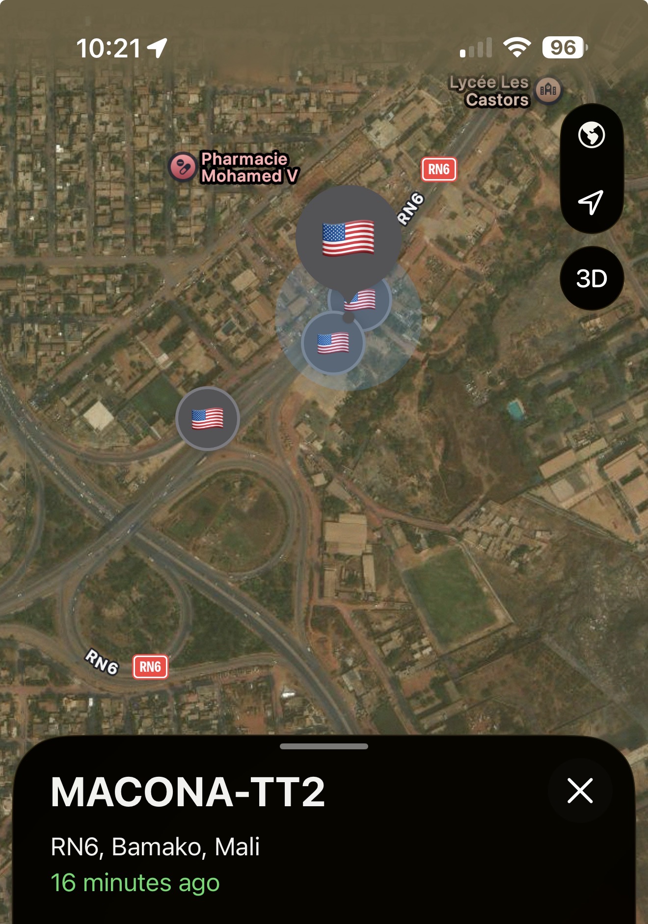 Close satellite Find My view of MACONA-TT2 on the RN6 interchange in Bamako, Mali