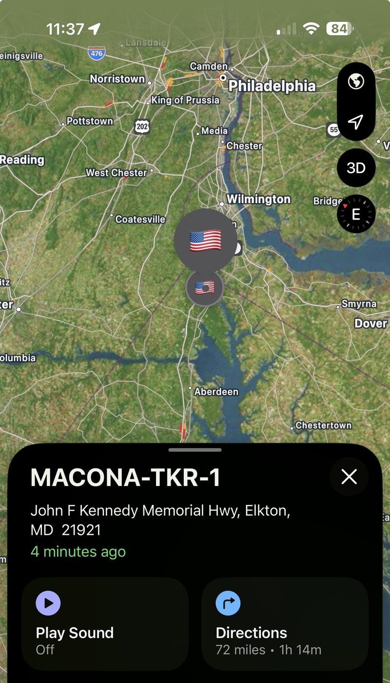 Find My map showing the MACONA-TKR-1 tracker on Interstate 95 near Elkton, Maryland, en route to Philadelphia.